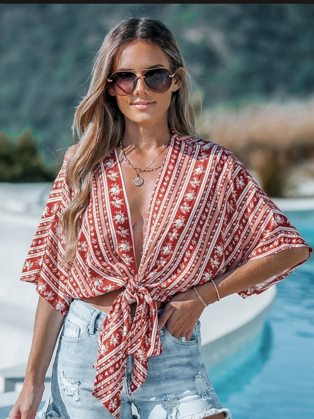 Cupshe Rust Red Floral Stripe Tie-Front Crop Top